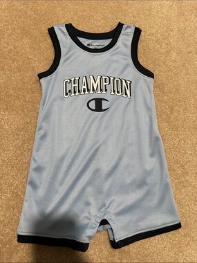 Champion Light Blue Mesh Toddler One-Piece Romper with Navy Trim